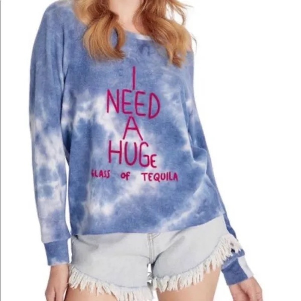 Wildfox I Need Huge Glass of Tequila Sweatshirt Cutout Cloud Blue Tie Dye S NWT